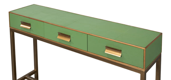 Sarreid Gideon Shagreen Console Table In Watercress Finish With Elegant Gold Trim And Frame For Luxe Decor Green  54005-3