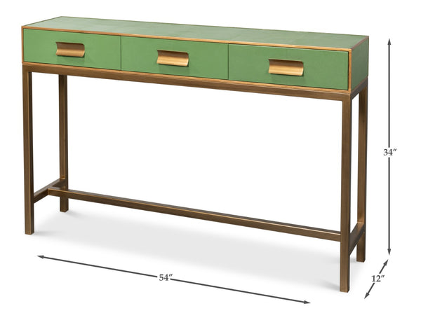 Sarreid Gideon Shagreen Console Table In Watercress Finish With Elegant Gold Trim And Frame For Luxe Decor Green  54005-3