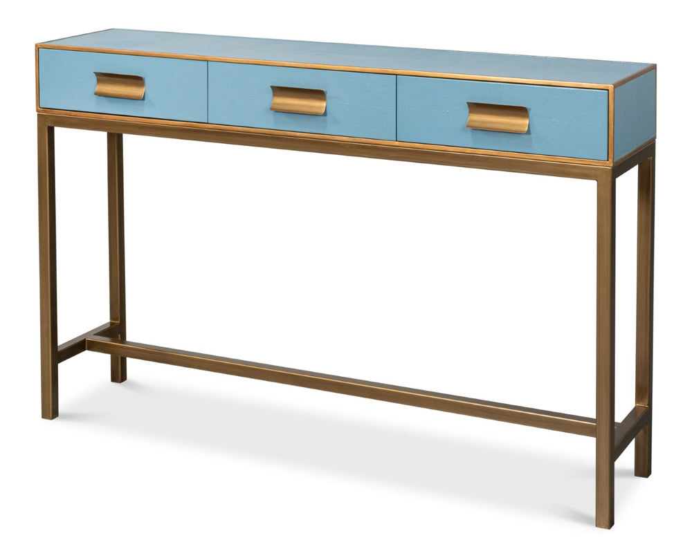 Sarreid Gideon Shagreen Console In Chambray Blue With Gold Leather Trim & Elegant Gold Frame Design Blue  54005-4