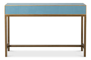 Sarreid Gideon Shagreen Console In Chambray Blue With Gold Leather Trim & Elegant Gold Frame Design Blue  54005-4