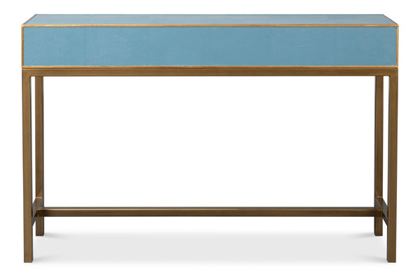 Sarreid Gideon Shagreen Console In Chambray Blue With Gold Leather Trim & Elegant Gold Frame Design Blue  54005-4