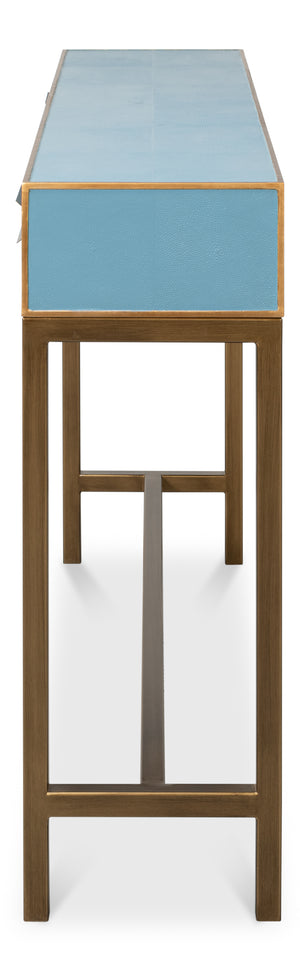 Sarreid Gideon Shagreen Console In Chambray Blue With Gold Leather Trim & Elegant Gold Frame Design Blue  54005-4