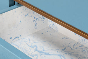 Sarreid Gideon Shagreen Console In Chambray Blue With Gold Leather Trim & Elegant Gold Frame Design Blue  54005-4