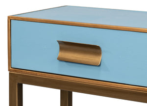 Sarreid Gideon Shagreen Console In Chambray Blue With Gold Leather Trim & Elegant Gold Frame Design Blue  54005-4