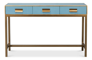 Sarreid Gideon Shagreen Console In Chambray Blue With Gold Leather Trim & Elegant Gold Frame Design Blue  54005-4
