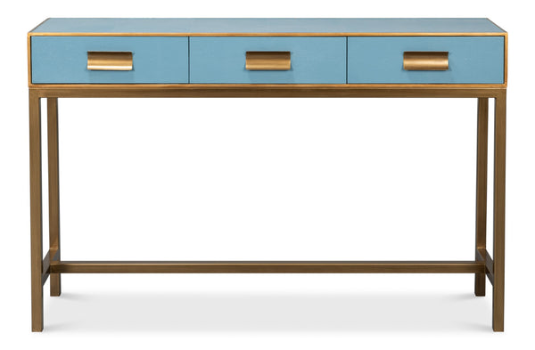 Sarreid Gideon Shagreen Console In Chambray Blue With Gold Leather Trim & Elegant Gold Frame Design Blue  54005-4