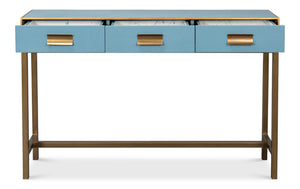 Sarreid Gideon Shagreen Console In Chambray Blue With Gold Leather Trim & Elegant Gold Frame Design Blue  54005-4