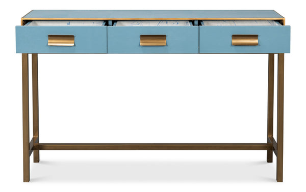 Sarreid Gideon Shagreen Console In Chambray Blue With Gold Leather Trim & Elegant Gold Frame Design Blue  54005-4
