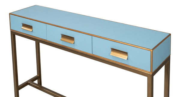 Sarreid Gideon Shagreen Console In Chambray Blue With Gold Leather Trim & Elegant Gold Frame Design Blue  54005-4