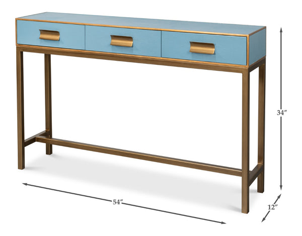 Sarreid Gideon Shagreen Console In Chambray Blue With Gold Leather Trim & Elegant Gold Frame Design Blue  54005-4