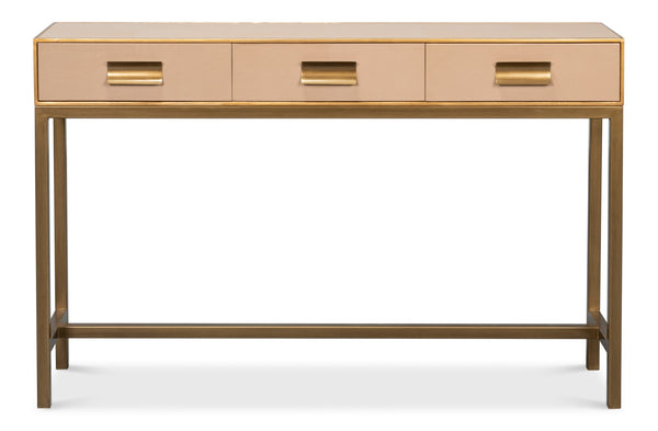 Sarreid Gideon Shagreen Console In Mushroom Finish - Luxurious Gold Trim & Frame For Elegant Decor Upgrade Tan  54005-5