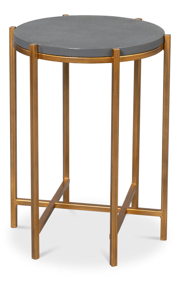 Sarreid Spence Side Table In Elegant Quiet Shade Finish With Gold Frame – Chic Grey Leather & Iron Design Grey  54006-1