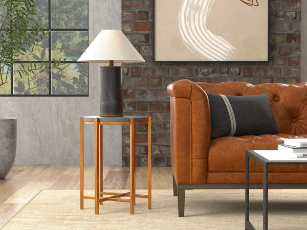 Sarreid Spence Side Table In Elegant Quiet Shade Finish With Gold Frame – Chic Grey Leather & Iron Design Grey  54006-1