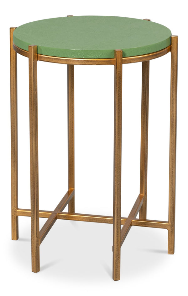 Sarreid Spence Side Table: Elegant Watercress Finish With Gold Frame - Leather, Wood & Iron Design Green  54006-3