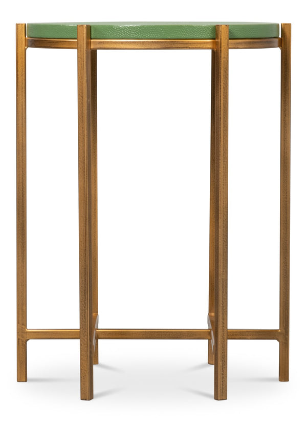 Sarreid Spence Side Table: Elegant Watercress Finish With Gold Frame - Leather, Wood & Iron Design Green  54006-3