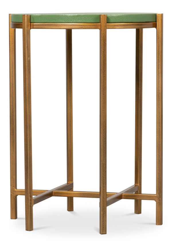 Sarreid Spence Side Table: Elegant Watercress Finish With Gold Frame - Leather, Wood & Iron Design Green  54006-3