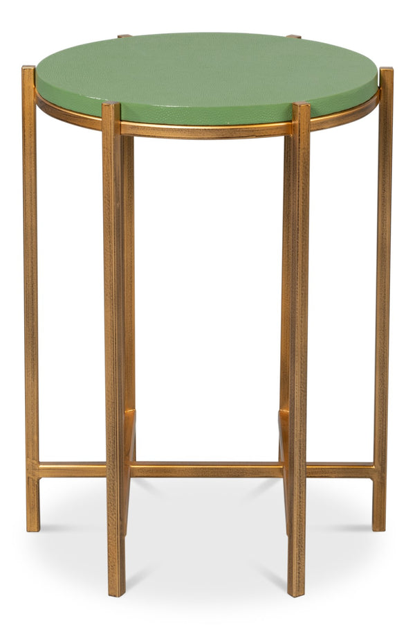 Sarreid Spence Side Table: Elegant Watercress Finish With Gold Frame - Leather, Wood & Iron Design Green  54006-3