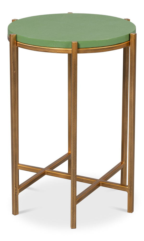 Sarreid Spence Side Table: Elegant Watercress Finish With Gold Frame - Leather, Wood & Iron Design Green  54006-3