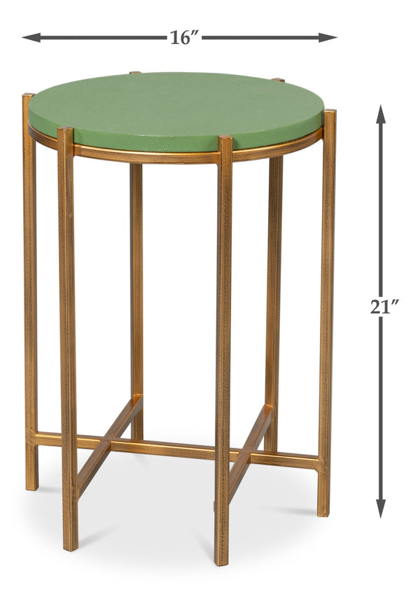 Sarreid Spence Side Table: Elegant Watercress Finish With Gold Frame - Leather, Wood & Iron Design Green  54006-3