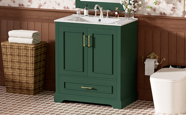 English Elm 30" Modern Bathroom Vanity with Ceramic Sink, Soft-Close Doors, Divided Drawer & Dual Door Shelves Green N729P321376F