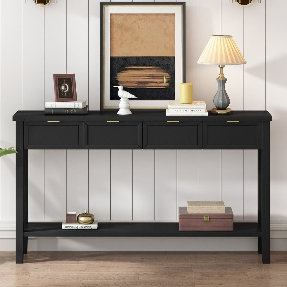 English Elm U_style Contemporary Console Table with 4 Drawers Pine Legs Open Shelf Foyer N711P218638B
