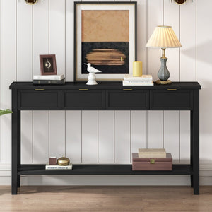 English Elm U_style Contemporary Console Table with 4 Drawers Pine Legs Open Shelf Foyer N711P218638B