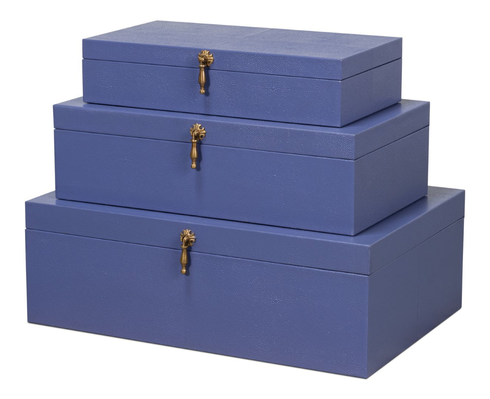 Sarreid Cosmos Nesting Boxes Set Of 3 In Elegant Marlin Finish - Shagreen Leather, Wood & Brass Accents Blue  54007-2