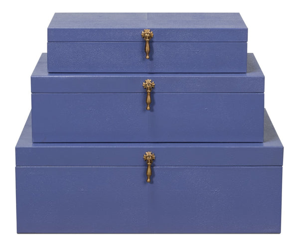 Sarreid Cosmos Nesting Boxes Set Of 3 In Elegant Marlin Finish - Shagreen Leather, Wood & Brass Accents Blue  54007-2