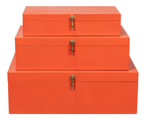 Sarreid Cosmos Nesting Boxes Set Of 3 In Vibrant Orangeade - Luxurious Shagreen Leather & Brass Accents Orange  54007-6