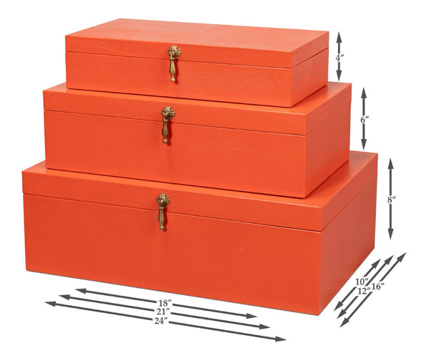 Sarreid Cosmos Nesting Boxes Set Of 3 In Vibrant Orangeade - Luxurious Shagreen Leather & Brass Accents Orange  54007-6