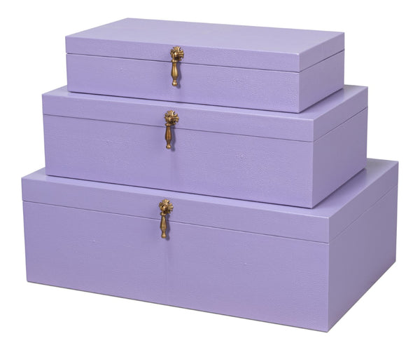 Sarreid Cosmos Nesting Boxes Set Of 3 In Lilac - Elegant Shagreen Leather & Brass Accents For Stylish Storage Purple  54007-7