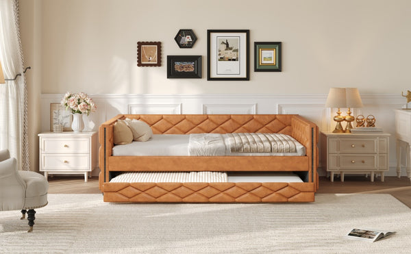 English Elm Full XL Upholstered Daybed with Trundle and Built-In LED Lighting, Tufted Arms, Solid Wood Frame Brown N7090000611D