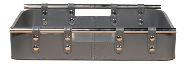Sarreid Safari Leather Tray In Quiet Shade - Elegant Grey Finish With Polished Nickel & Durable Design Grey  54008-1