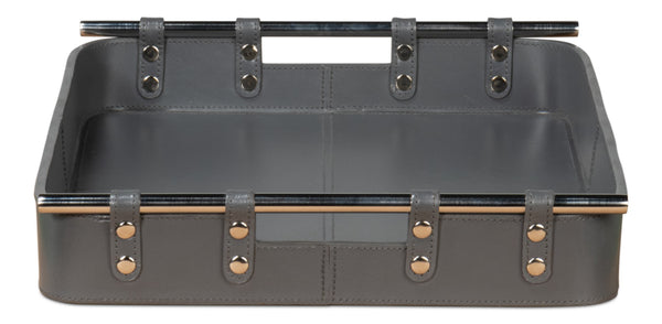 Sarreid Safari Leather Tray In Quiet Shade - Elegant Grey Finish With Polished Nickel & Durable Design Grey  54008-1