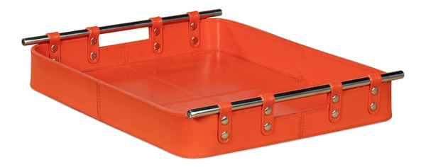 Sarreid Safari Leather Tray In Vibrant Orangeade – Stylish Polished Nickel, Perfect For Home Decor & Organization Orange  54008-6