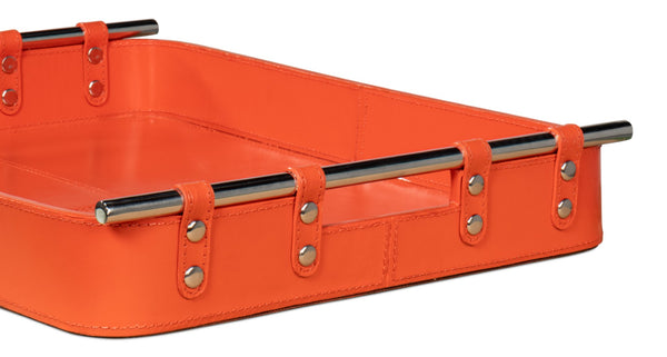 Sarreid Safari Leather Tray In Vibrant Orangeade – Stylish Polished Nickel, Perfect For Home Decor & Organization Orange  54008-6