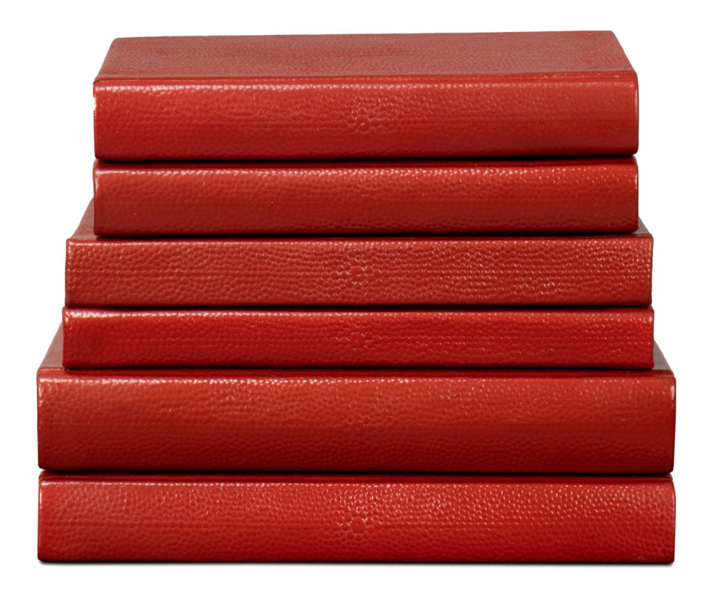Sarreid Shagreen Elegant Rooibos Tea Books Set Of 12 - Stylish Assorted Sizes In Luxe Shagreen Leather Design Red  54009-8