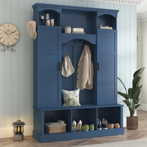 English Elm On-trend Farmhouse Hall Tree with Dual Cabinets Seven Hooks and Arched Entryway Storage Blue N721S000078C