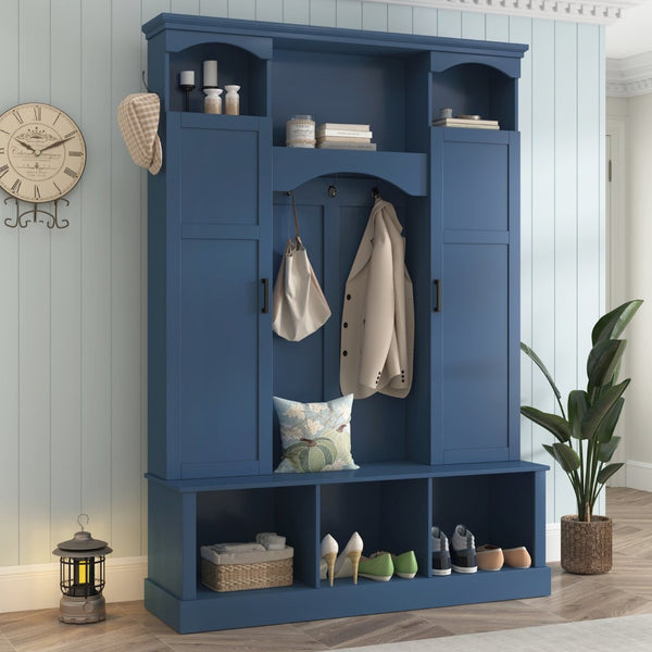English Elm On-trend Farmhouse Hall Tree with Dual Cabinets Seven Hooks and Arched Entryway Storage Blue N721S000078C