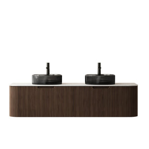 English Elm Dina 60 Inch Floating Bathroom Vanity Sintered Stone Top Dual Glass Basins Wood Grain Black,Carrara White,Walnut W2615S00244