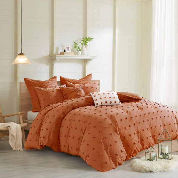 JLA Home Urban Habitat - Cotton Brooklyn Cotton Jacquard Duvet Cover Set with Tufted Chenille Dots, Quilted Euro Shams and Pillows Rust UH12-2498