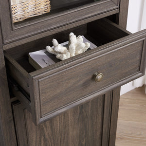 English Elm Tall Glass Storage Cabinet with Classic Farmhouse Design, Ample Shelves, Drawer & Smooth Finish Brown W2275P206603