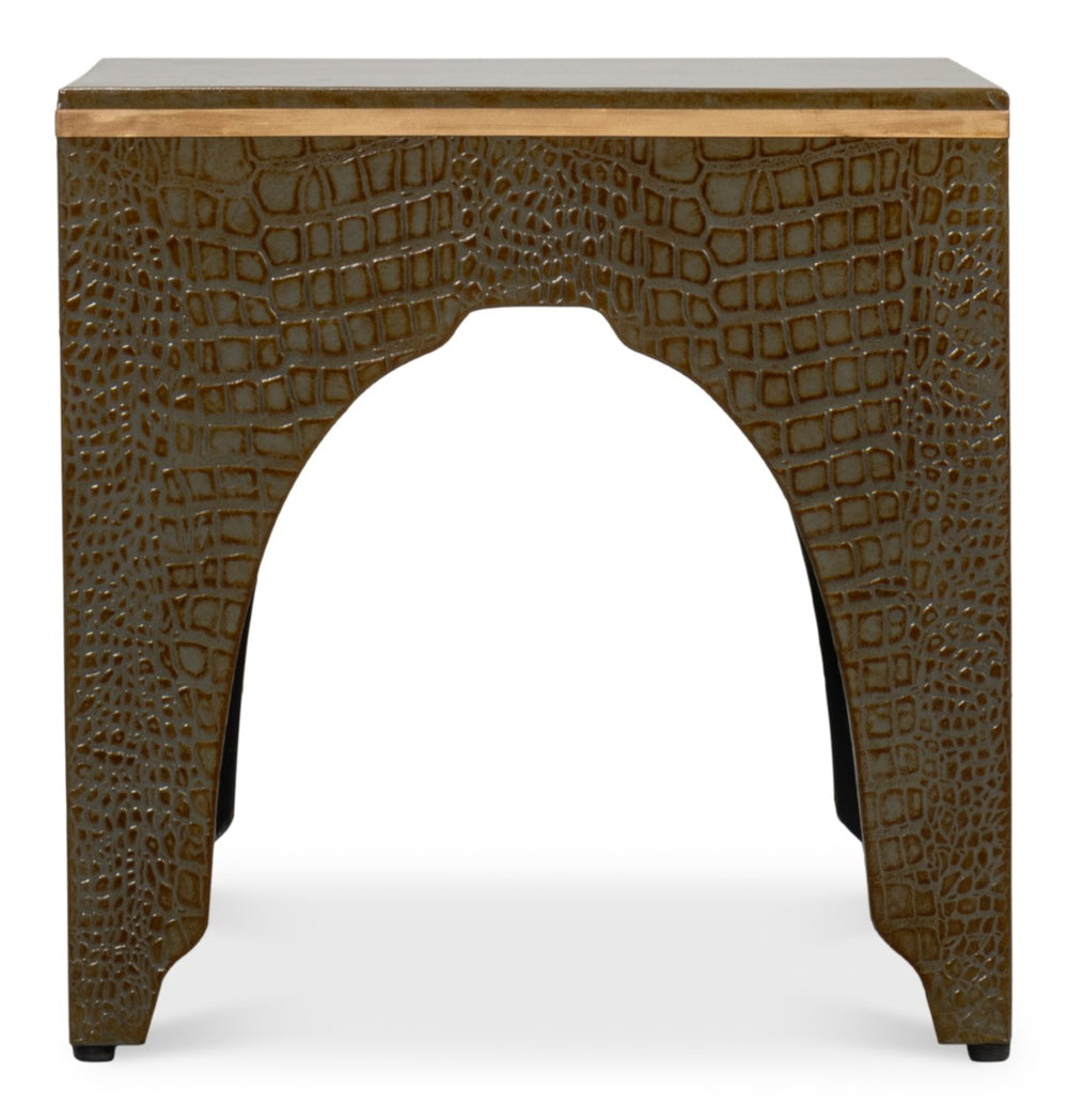 Sarreid Croco Embossed Leather Stool - Antique Green Stylish Accent For Modern Decor & Comfort Seating Green  54011-3