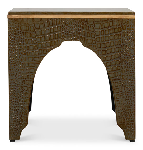 Sarreid Croco Embossed Leather Stool - Antique Green Stylish Accent For Modern Decor & Comfort Seating Green  54011-3