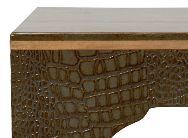 Sarreid Croco Embossed Leather Stool - Antique Green Stylish Accent For Modern Decor & Comfort Seating Green  54011-3
