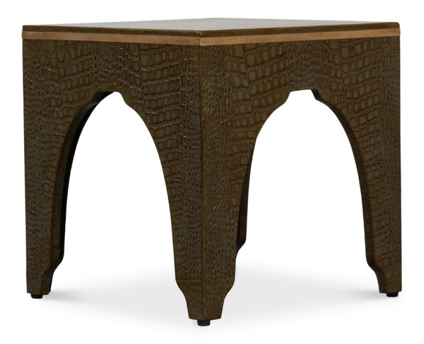 Sarreid Croco Embossed Leather Stool - Antique Green Stylish Accent For Modern Decor & Comfort Seating Green  54011-3