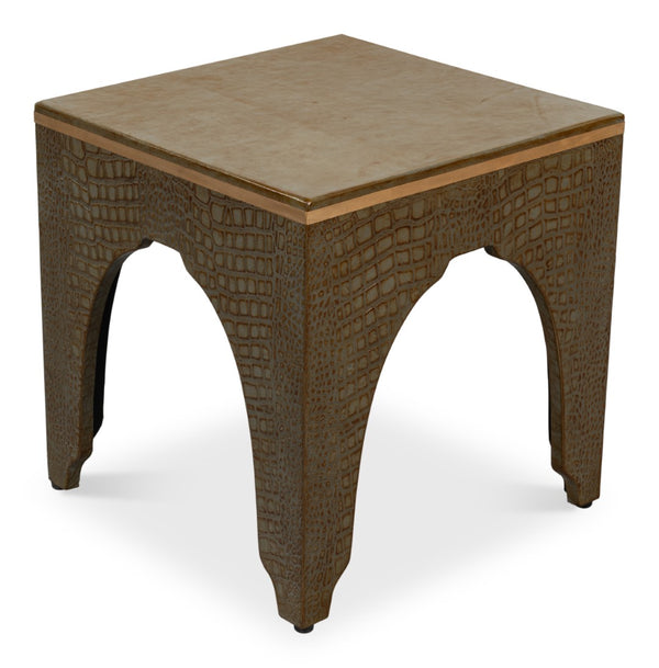 Sarreid Croco Embossed Leather Stool - Antique Green Stylish Accent For Modern Decor & Comfort Seating Green  54011-3