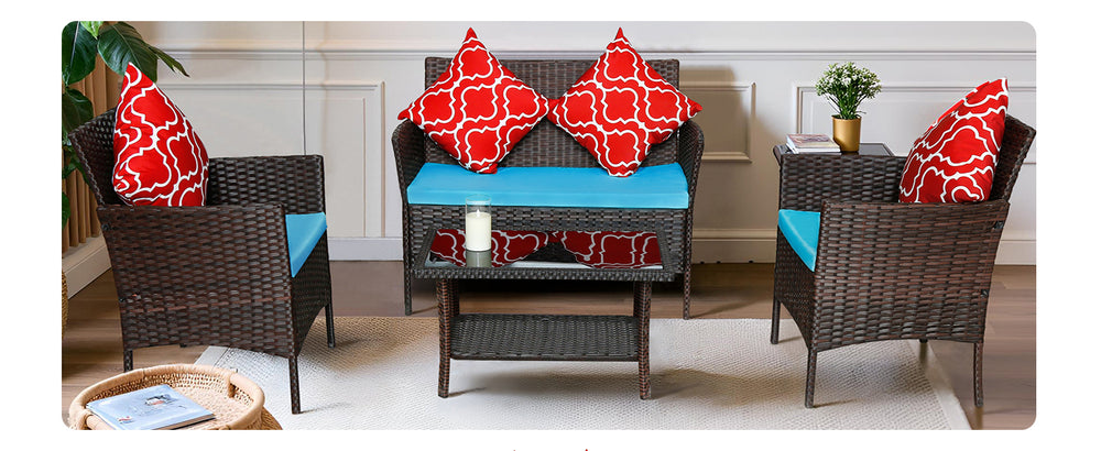 English Elm Four-Piece Pe Rattan Outdoor Furniture Set With Sapphire Blue Cushions & Glass-Top Table - Stylish Comfort For Patios And Gardens W3152P269436