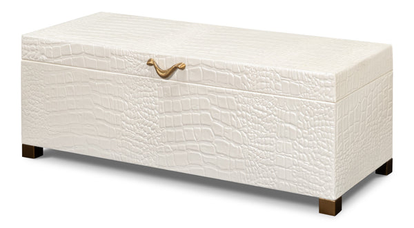Sarreid Lyle Leather Box Pearl - Elegant Croco Embossed Design With Gold Hinged Lid & Sturdy Wood Base Ivory  54012-2