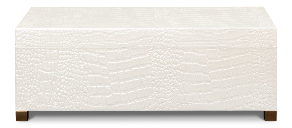 Sarreid Lyle Leather Box Pearl - Elegant Croco Embossed Design With Gold Hinged Lid & Sturdy Wood Base Ivory  54012-2